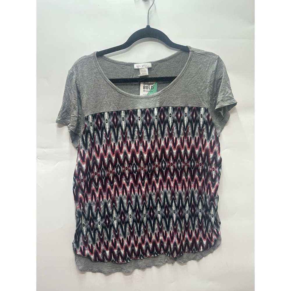 Honey &‎ Lace Top Womens Large Tshirt Floral Zigzag Print Tee